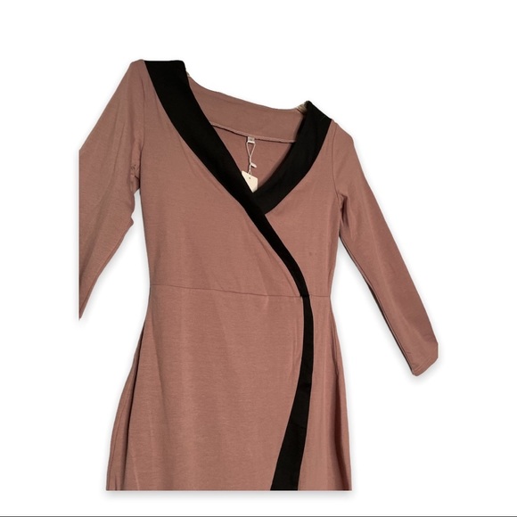 Mocha Brown Dress Contrast Trim Bodycon Stretch Sexy Business Casual Small - Picture 4 of 5